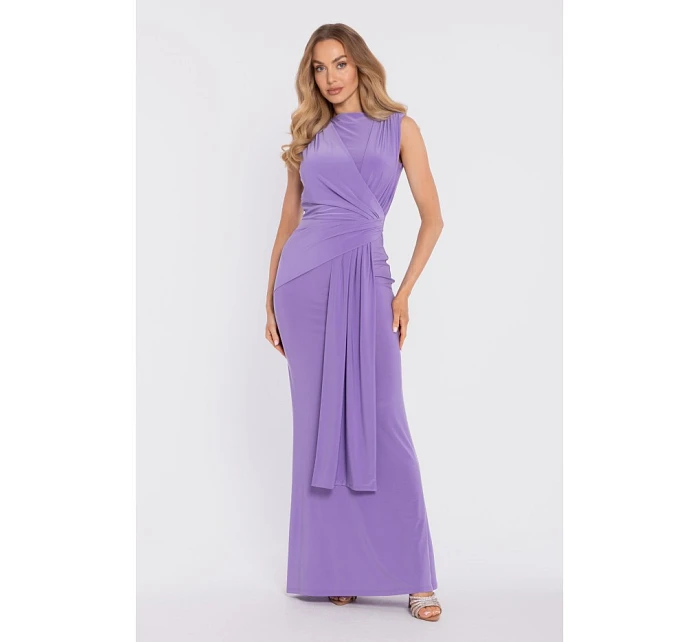 M913 Drapované maxi šaty s výrazným pásom a panelom - svetlofialové