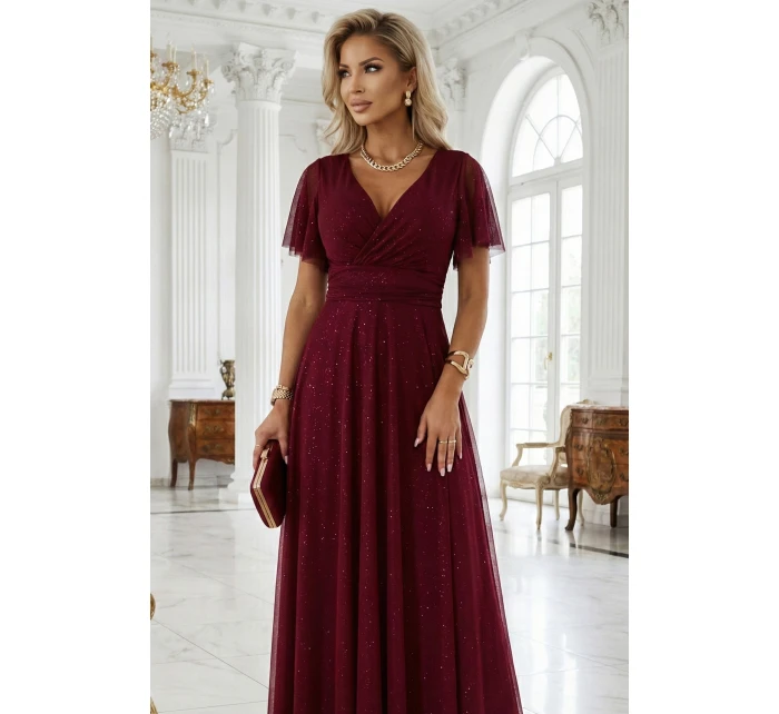Dlouhé lesklé šaty 635-5 MELANIA  vínové - Numoco