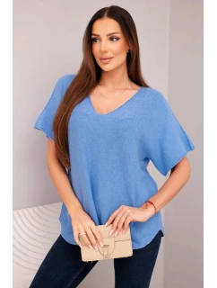 Dámská svetr s krátkým rukávem a výstřihem do V džínová