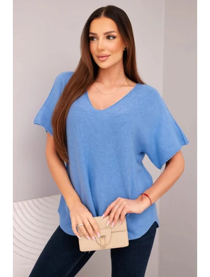 Dámská svetr s krátkým rukávem a výstřihem do V džínová