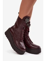 Skórzane Botki Damskie Z Ozdobą Ocieplane Bordowe Ulrika Skórzane Botki Damskie Z Ozdobą Ocieplane Bordowe Ulrika