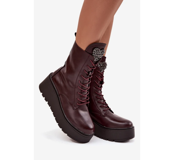 Skórzane Botki Damskie Z Ozdobą Ocieplane Bordowe Ulrika Skórzane Botki Damskie Z Ozdobą Ocieplane Bordowe Ulrika
