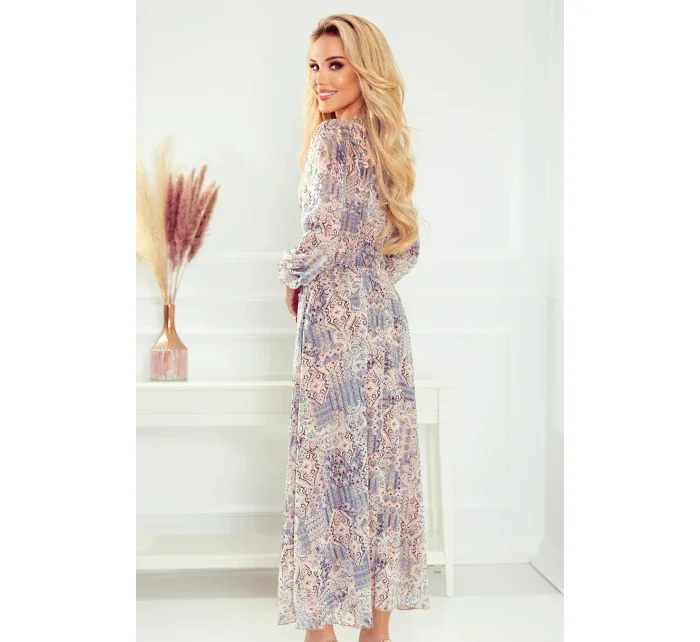 Dámské šifonové modré midi šaty se vzorem model 17434098 - numoco Dámské šifonové modré midi šaty se vzorem model 17434098 - numoco