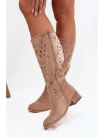 Ažurové dámské kozačky na klínu Khaki Helinna