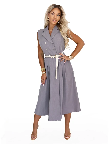 model 22214885 Elegantní midi košilka se zlatými knoflíky a páskem šedá - numoco basic model 22214885 Elegantní midi košilka se zlatými knoflíky a páskem šedá - numoco basic