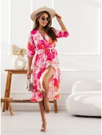 Ružové dámske šaty so skladaným obálkovým výstrihom (704)