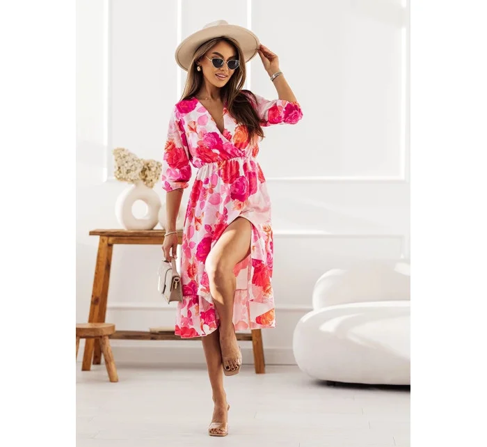 Ružové dámske šaty so skladaným obálkovým výstrihom (704)