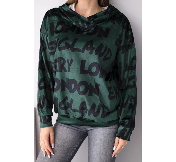 Dámska oversize mikina s kapucňou s potlačou tmavozelená