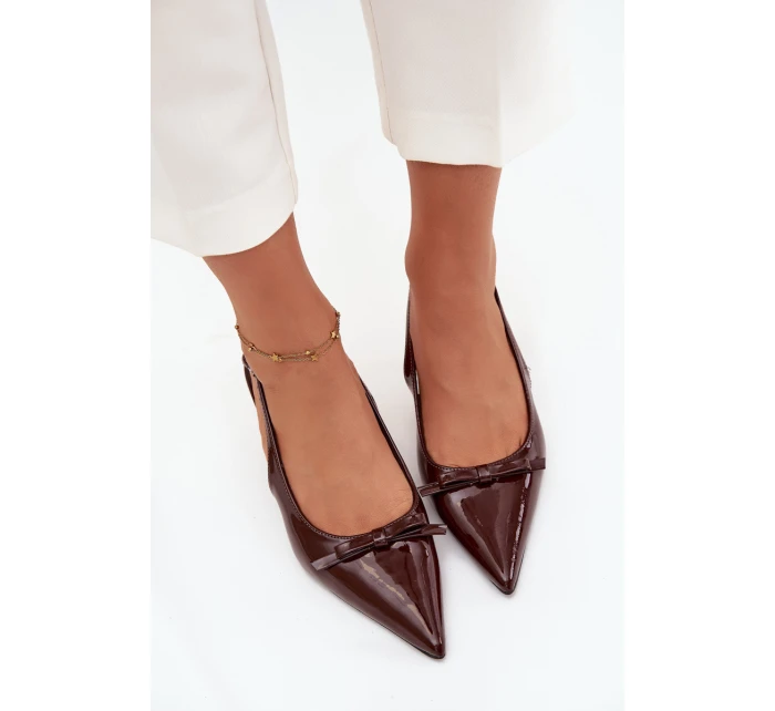 Dámske lakované lodičky na ihlovom podpätku s mašľou Olvena - čokoládové Dámske lakované lodičky na ihlovom podpätku s mašľou Olvena - čokoládové