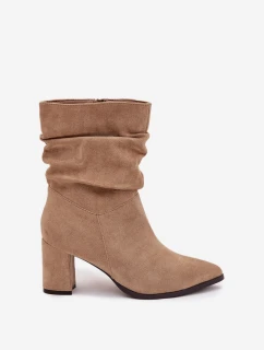 Dámske čižmy Amelise - na podpätku s remienkom, zateplené, béžové