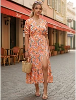 Dámske midi šaty s kvetinovým vzorom oranžové FashionStreet EY2657 Dámske midi šaty s kvetinovým vzorom oranžové FashionStreet EY2657