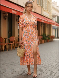 Dámske midi šaty s kvetinovým vzorom oranžové FashionStreet EY2657