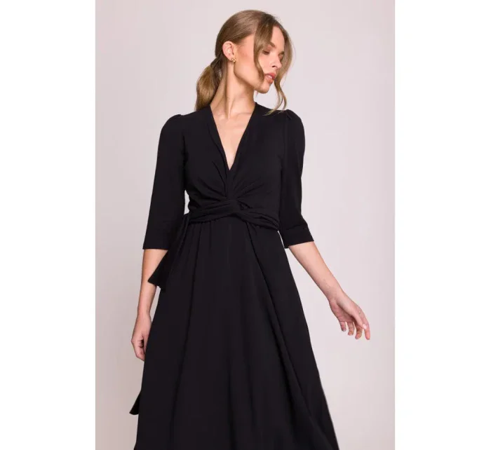 S404 Pletené šaty s opaskom na zaväzovanie - čierne S404 Pletené šaty s opaskom na zaväzovanie - čierne