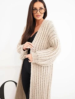 Dámský dlouhý model 22353175 cardigan bez zapínání se širokým rukávem béžový - K-Fashion
