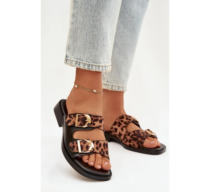 Dámské pantofle se zlatými sponami Leoparda Černo-hnědé Danelle