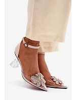 Lodičky na podpatku s lesklým zdobením model 22126165 Béžové - VINCEZA