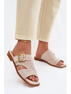 Semišové dámské nazouváky na plochém podpatku s přezkou Big Star model 22064161 Béžové - Big Star Shoes