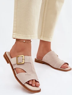 Semišové dámské nazouváky na plochém podpatku s přezkou Big Star TT274476 Béžové