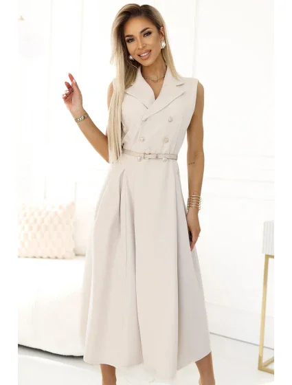 596-1 Elegantná midi košeľa so zlatými gombíkmi a opaskom - BEACH