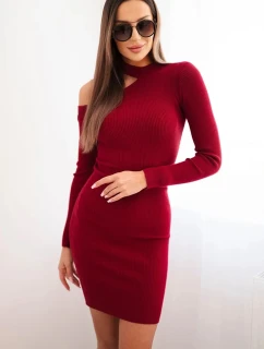 Dámske pletené šaty s dlhými rukávmi a asymetrickým výstrihom bordovej farby