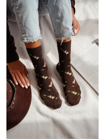 Skarpetki Damskie W Lisy I Liście Brązowe
