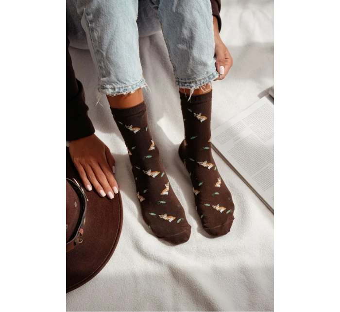 Skarpetki Damskie W Lisy I Liście Brązowe
