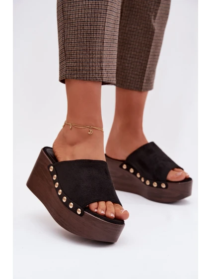 Dámské nazouváky na platformě se zlatými přezkami Eko semiš Černé Helivina Dámské nazouváky na platformě se zlatými přezkami Eko semiš Černé Helivina