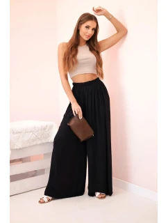 Dámske široké viskózové nohavice s elastickým pásom čierne