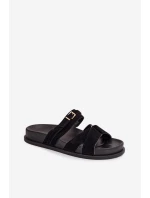 Dámské pantofle s pásky a zlatým přezkou Černé model 21954646 - Boto Dámské pantofle s pásky a zlatým přezkou Černé model 21954646 - Boto