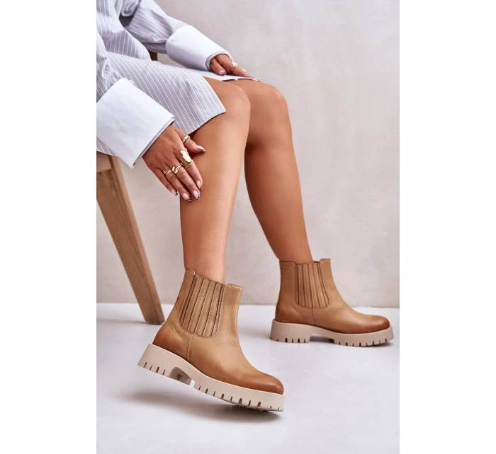 Wsuwane Botki Damskie Na Płaskim Obcasie Skórzane Lewski 3611 Brązowe