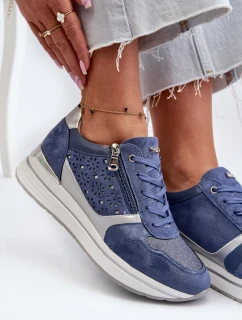 Dámske tenisky na platforme s ažurovým vzorom a trblietkami INBLU Blue