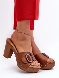 Klapki Damskie Na Obcasie Słupku Z Klamrą Brązowe Betinna