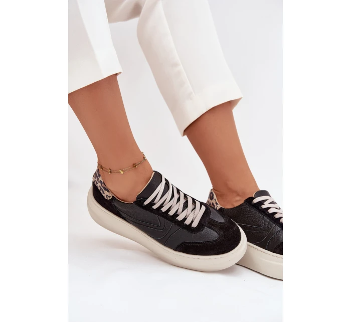 Skórzane Sneakersy Damskie Na Platformie Panterka Zazoo N1263 Czarne