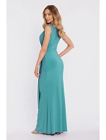 M913 Drapované maxi šaty so zopnutým pásom a panelom - tyrkysové