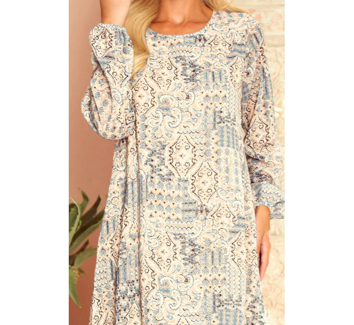 Hannah - Dámske šifónové šaty s výstrihom na chrbte as béžovo-svetlo modrým vzorom typu "Boho" 319-2 Hannah - Dámske šifónové šaty s výstrihom na chrbte as béžovo-svetlo modrým vzorom typu "Boho" 319-2