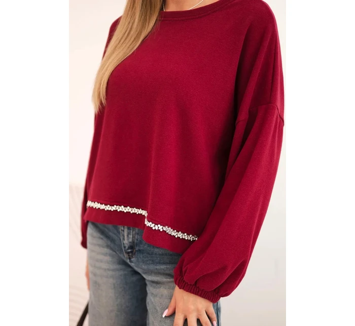 Dámska mikina s ozdobným lemom v spodnej časti bordová