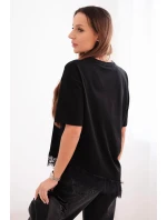 Dámska asymetrická bavlnená blúzka s čipkovanou spodnou časťou čierna Dámska asymetrická bavlnená blúzka s čipkovanou spodnou časťou čierna