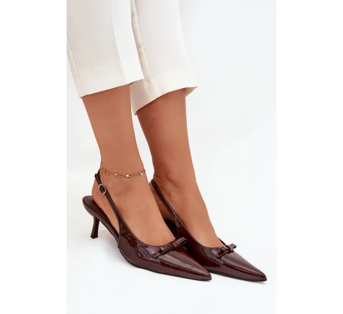 Lakierowane Czółenka Na Szpilce Z Kokardką Czekoladowe Olvena