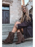 Dámské kotníkové boty na podpatku s třásněmi a zlatými sponami hnědé Evelisse Botki Damskie Dámské kotníkové boty na podpatku s třásněmi a zlatými sponami hnědé Evelisse Botki Damskie