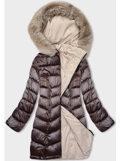Hnedo-béžová obojstranná dámska zimná bunda s kapucňou (B8203-14046)
