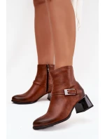 Skórzane Botki Damskie Na Obcasie Z Klamrą Zazoo 60562 Brązowe