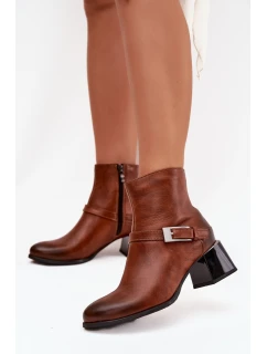 Skórzane Botki Damskie Na Obcasie Z Klamrą Zazoo 60562 Brązowe