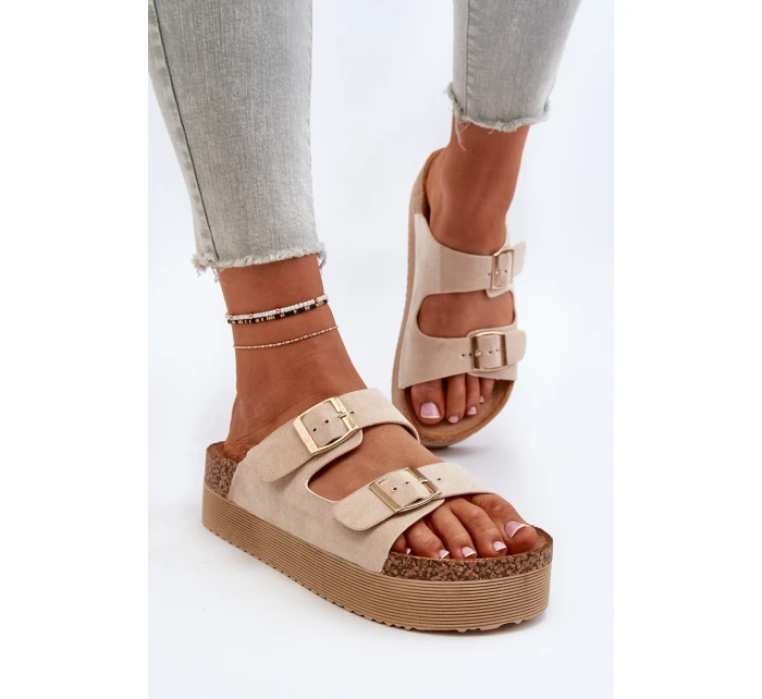 Damskie Klapki Na Platformie Z Klamrami Beżowe Lolpey