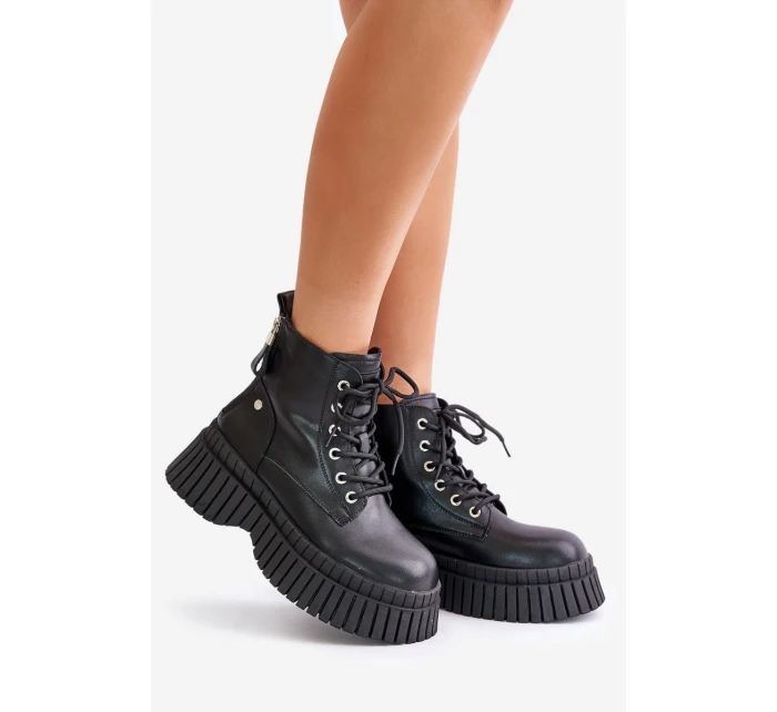 Zateplené kožené botky s masivní podrážkou model 21673861 černé - Goe