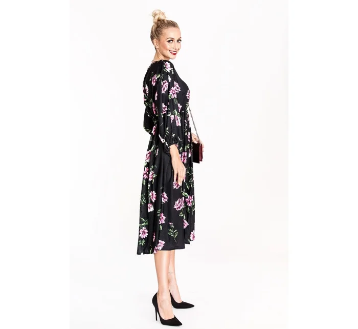Ann Gissy Kvetinové kimono šaty s okrúhlym výstrihom čierne/ružové (XY202116)