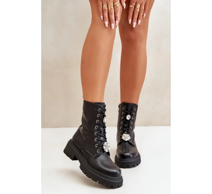 Botki Workery Damskie Eko Skórzane Z Przypinkami Czarne Kristines Botki Workery Damskie Eko Skórzane Z Przypinkami Czarne Kristines