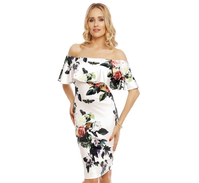 Spoločenské šaty kvetinové s volánom stredne dlhé biele - Biela - Beauty Fashion