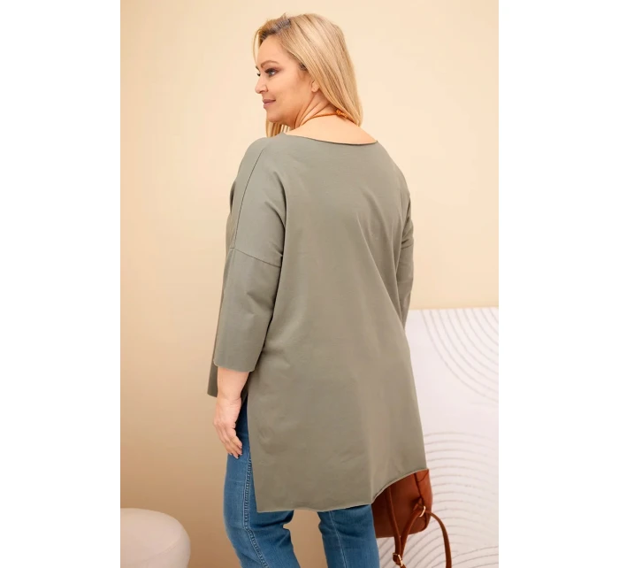 Dámská asymetrická bavlněná blůza Plus Size s náhrdelníkem khaki