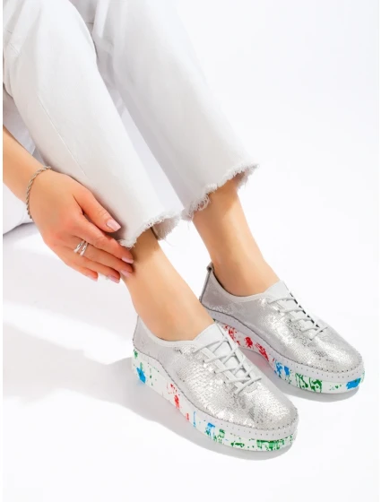 Módne poltopánky dámske Srebrny bez podpätku Módne poltopánky dámske Srebrny bez podpätku