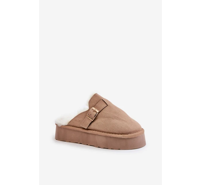 Kapcie Damskie Na Grubej Podeszwie Z Futerkiem I Klamrą Ciemnobeżowe Linneola Kapcie Damskie Na Grubej Podeszwie Z Futerkiem I Klamrą Ciemnobeżowe Linneola